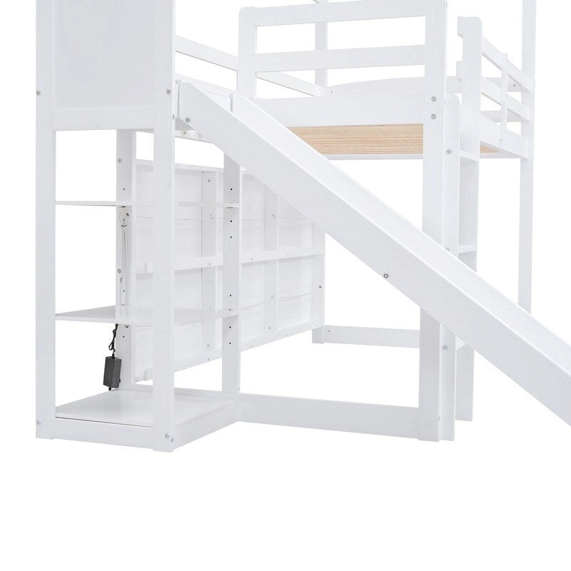 Twin Size Wood House Loft bed with Slide, Storage, and Light