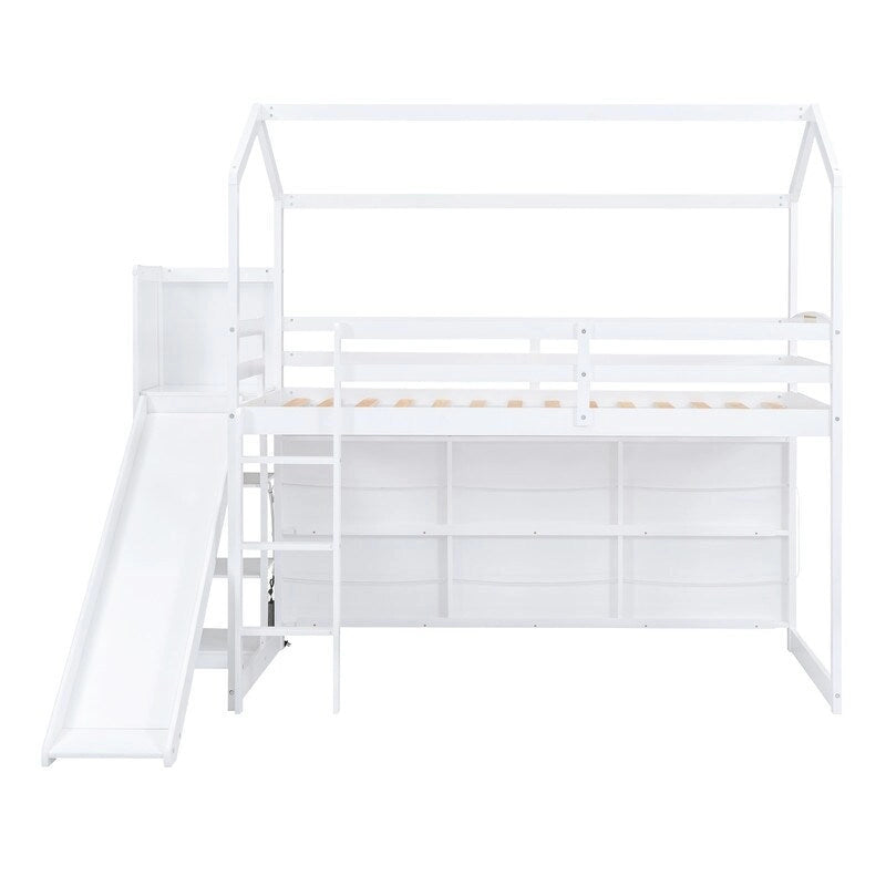 Twin Size Wood House Loft bed with Slide, Storage, and Light