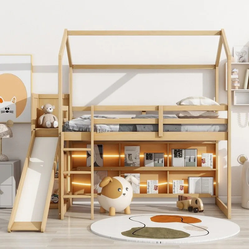 Twin Size Wood House Loft bed with Slide, Storage, and Light