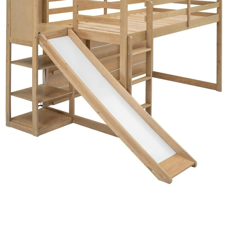 Twin Size Wood House Loft bed with Slide, Storage, and Light