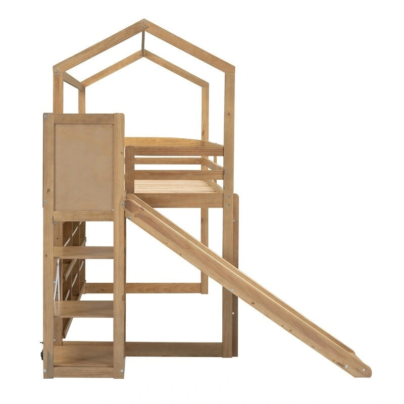 Twin Size Wood House Loft bed with Slide, Storage, and Light