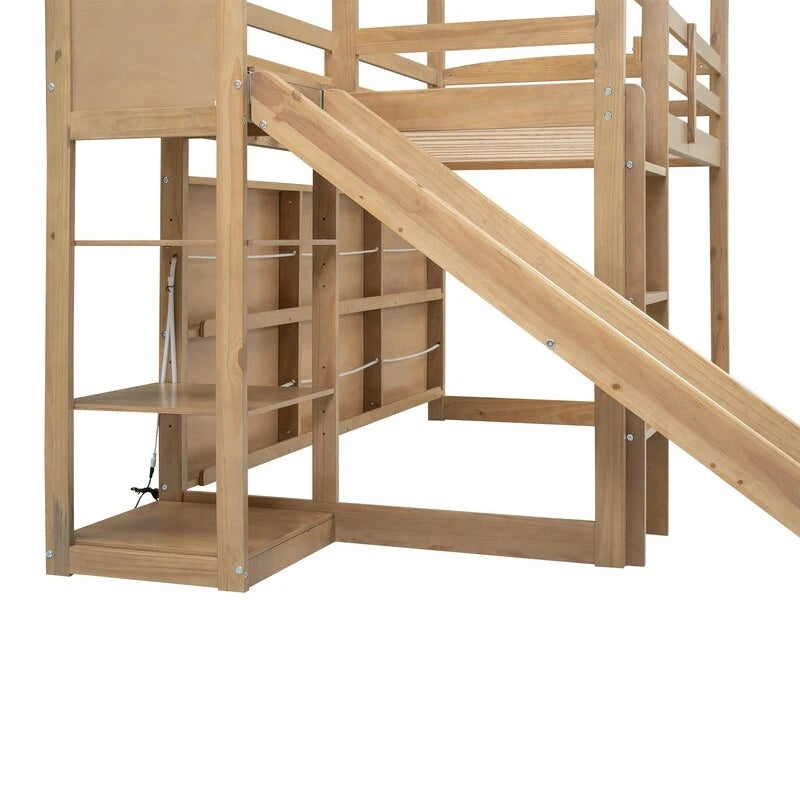 Twin Size Wood House Loft bed with Slide, Storage, and Light