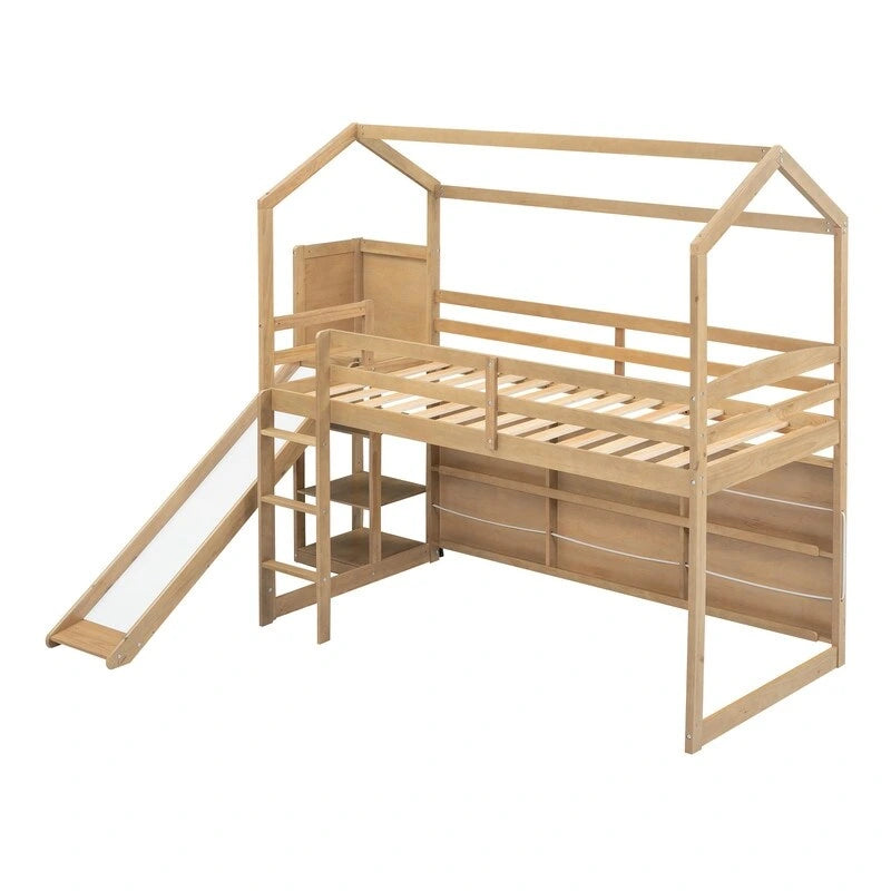 Twin Size Wood House Loft bed with Slide, Storage, and Light