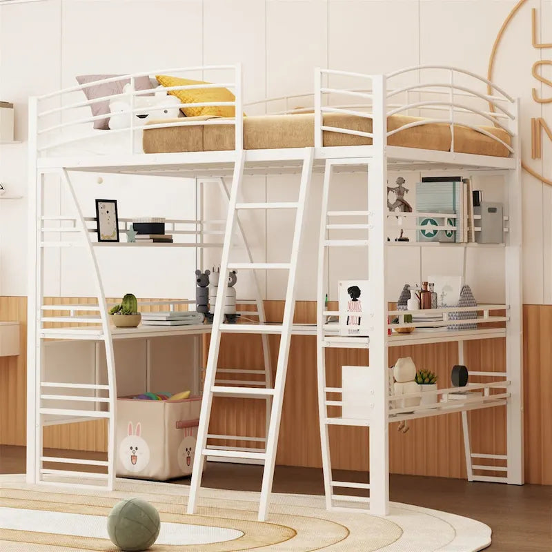 Full Size Loft Bed with 4 Layers of Shelves and L Shaped Desk