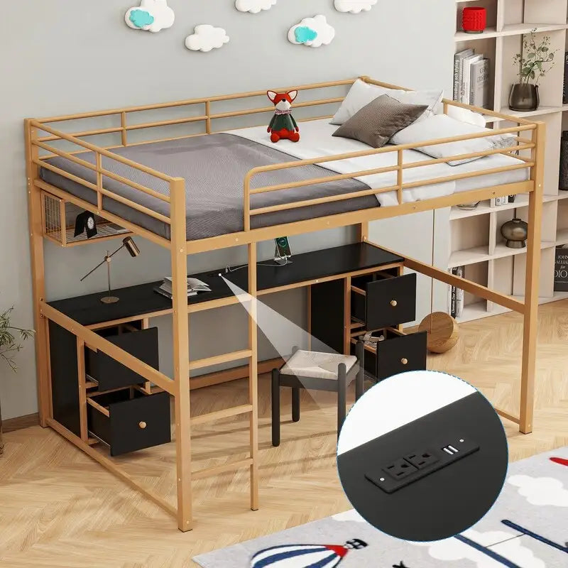 Metal Full Size Loft Bed with Desk, Drawers and Bedside Tray, Charging Station