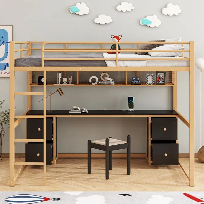 Metal Full Size Loft Bed with Desk, Drawers and Bedside Tray, Charging Station