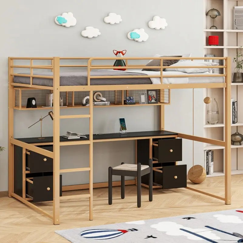 Metal Full Size Loft Bed with Desk, Drawers and Bedside Tray, Charging Station