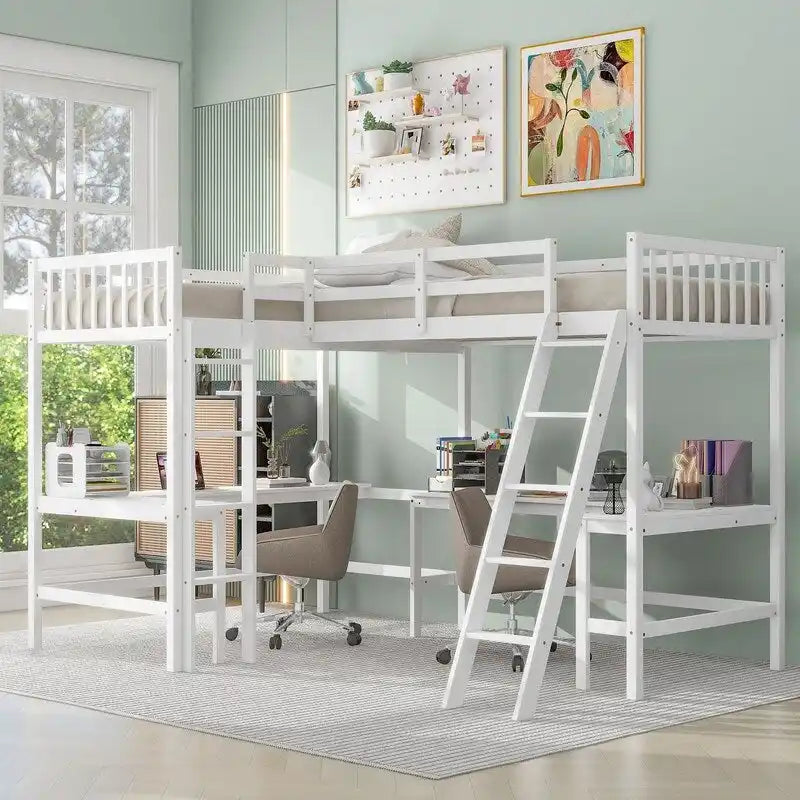 Wood Twin Size L-Shaped Loft Bed with Ladder and 2 Built-in L-Shaped Desks