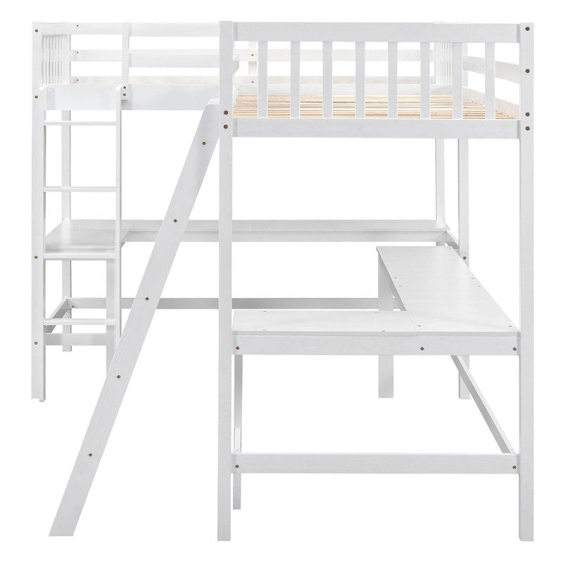 Wood Twin Size L-Shaped Loft Bed with Ladder and 2 Built-in L-Shaped Desks