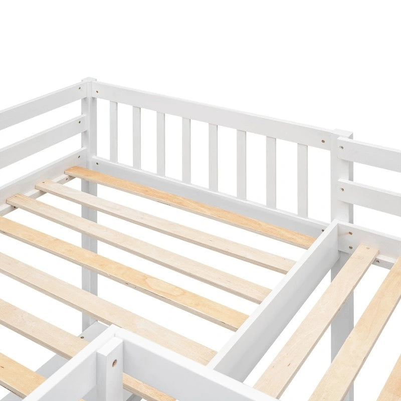 Wood Twin Size L-Shaped Loft Bed with Ladder and 2 Built-in L-Shaped Desks