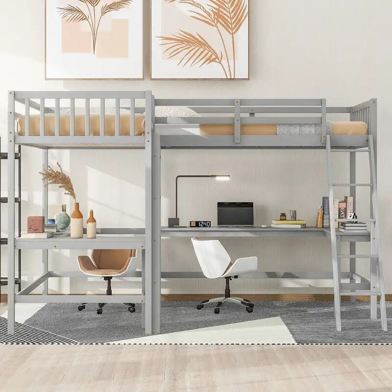 Wood Twin Size L-Shaped Loft Bed with Ladder and 2 Built-in L-Shaped Desks