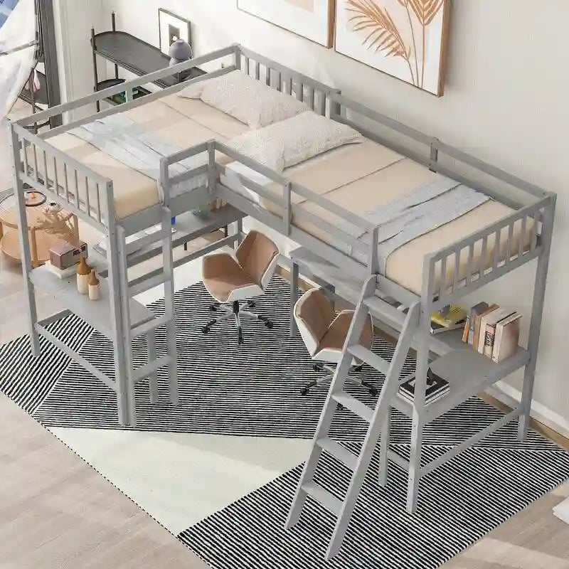 Wood Twin Size L-Shaped Loft Bed with Ladder and 2 Built-in L-Shaped Desks