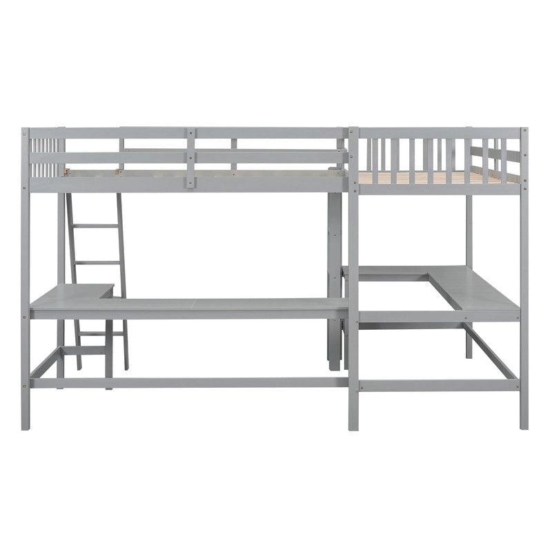 Wood Twin Size L-Shaped Loft Bed with Ladder and 2 Built-in L-Shaped Desks