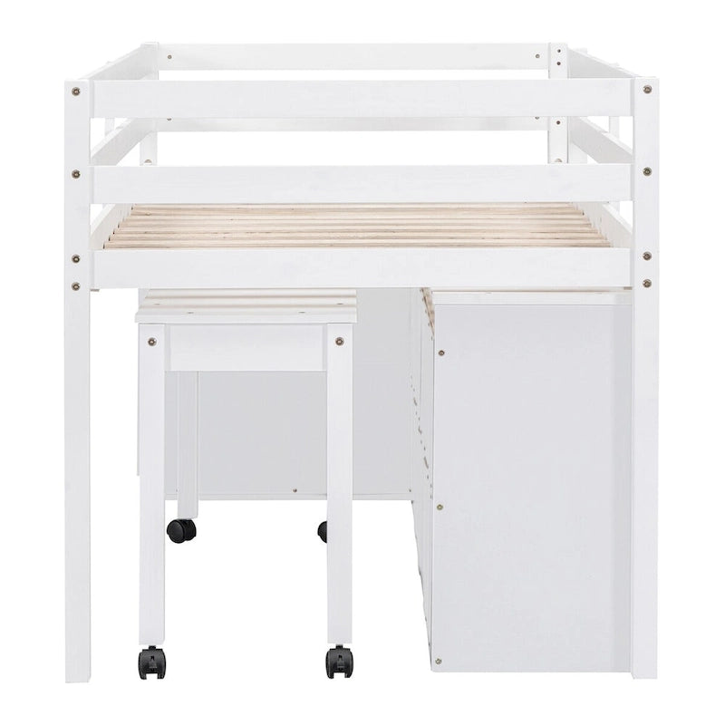 Twin Size Loft Bed with Retractable Writing Desk and 4 Drawers
