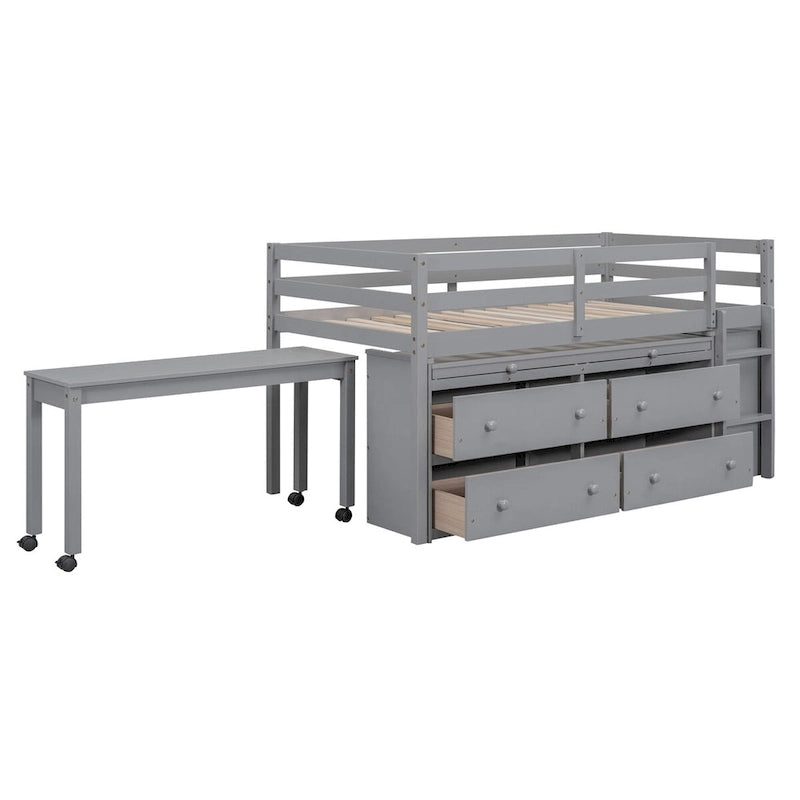 Twin Size Loft Bed with Retractable Writing Desk and 4 Drawers
