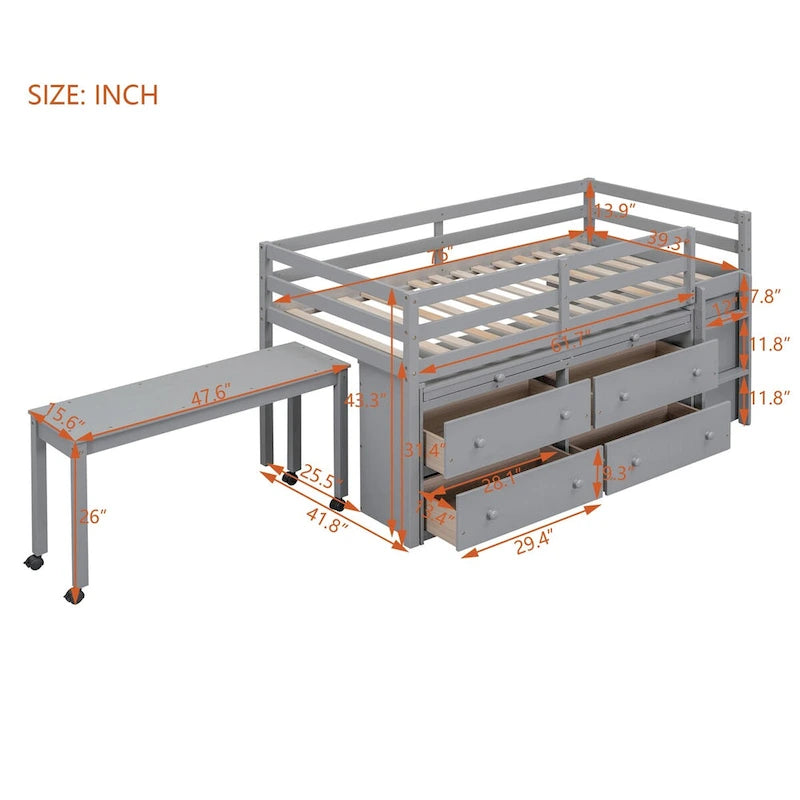 Twin Size Loft Bed with Retractable Writing Desk and 4 Drawers