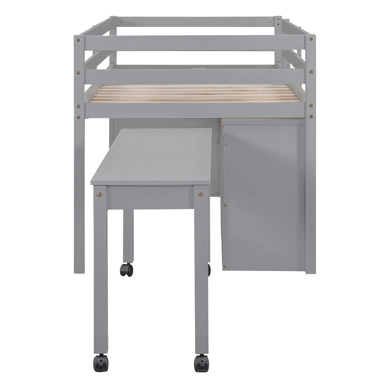 Twin Size Loft Bed with Retractable Writing Desk and 4 Drawers