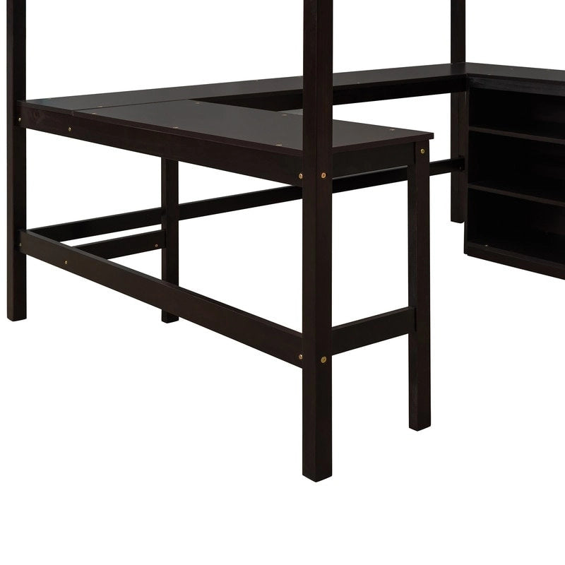 Full size Loft Bed with Shelves and Desk