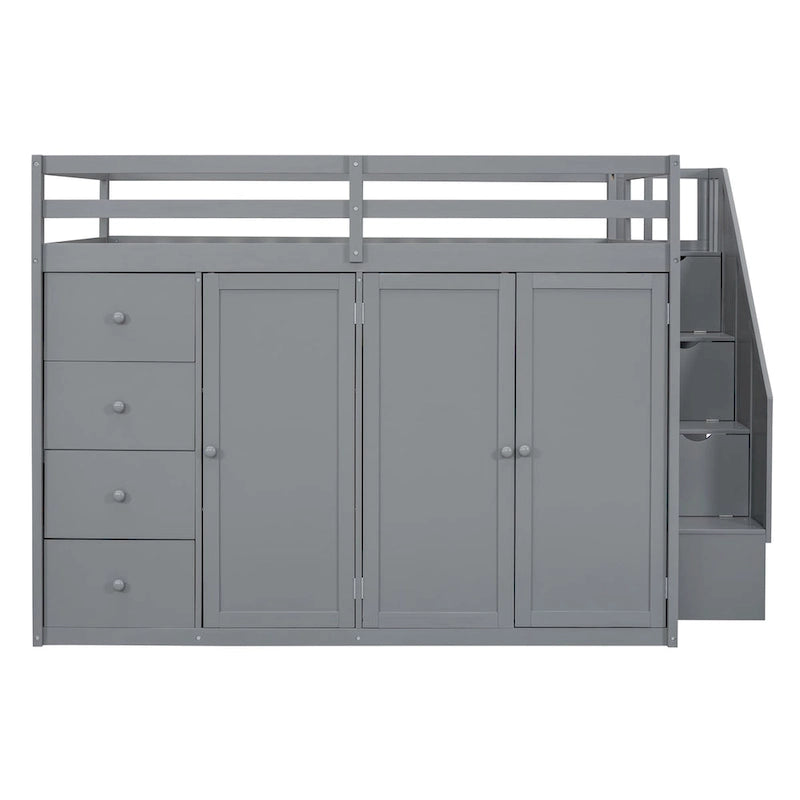 Wood Loft Bed With Built-in Wardrobes, Cabinets and Drawers