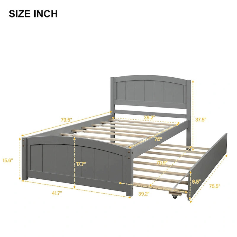 Twin Size Solid Wood Bedroom Platform Bed with Trundle