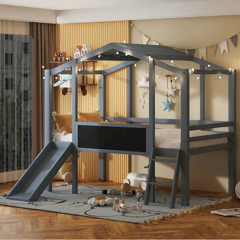 Twin Size Loft Bed with Ladder and Slide