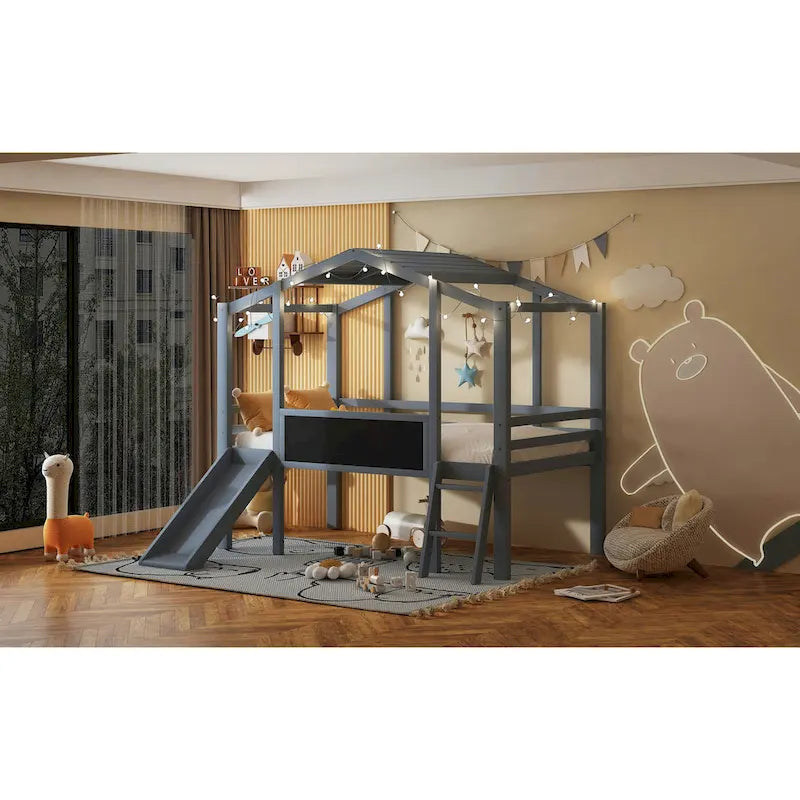 Twin Size Loft Bed with Ladder and Slide
