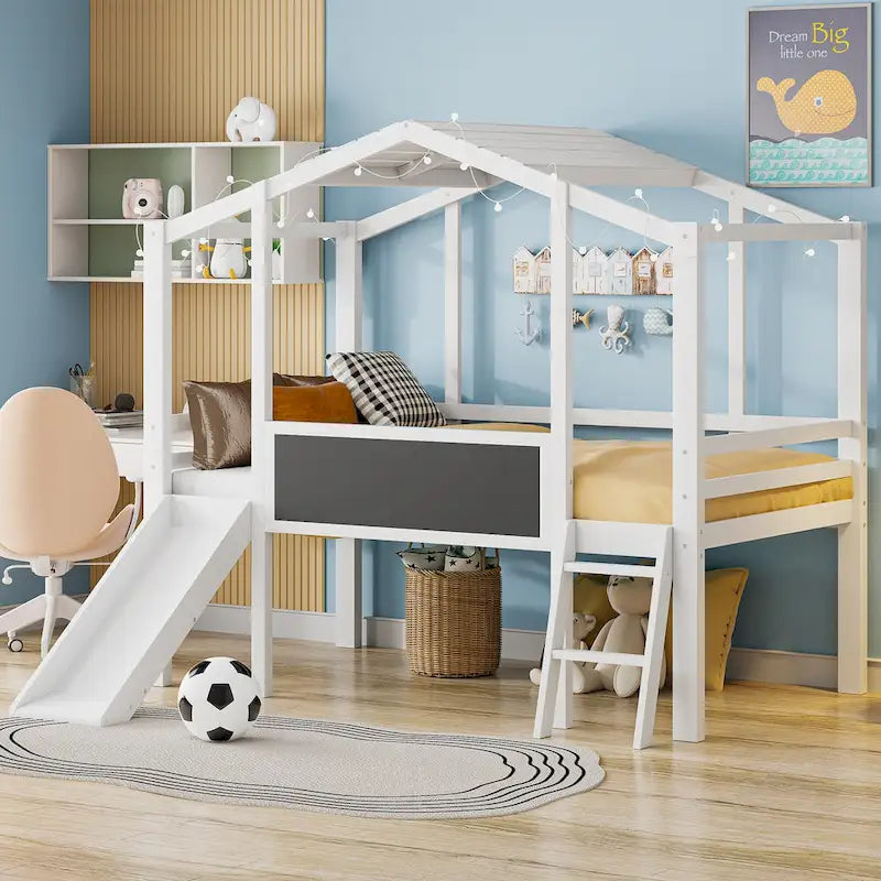 Twin Size Loft Bed with Ladder and Slide