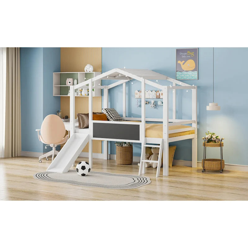 Twin Size Loft Bed with Ladder and Slide