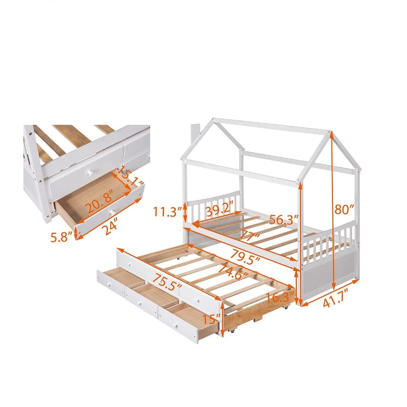 Twin Wooden House Bed with Pull-Out Trundle and Additional Drawers