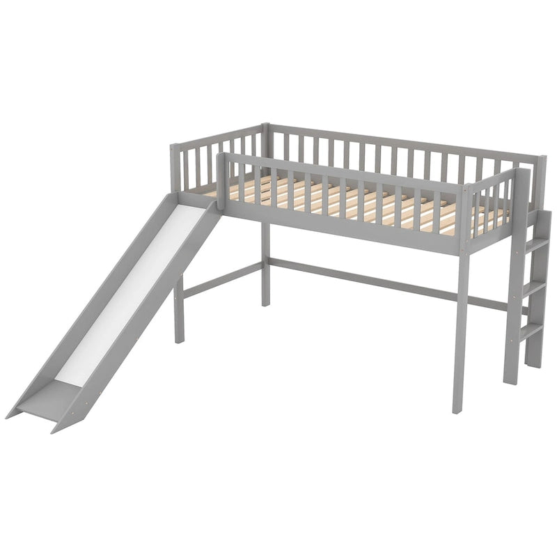 Twin Size Low Loft Bed with Ladder and Slide