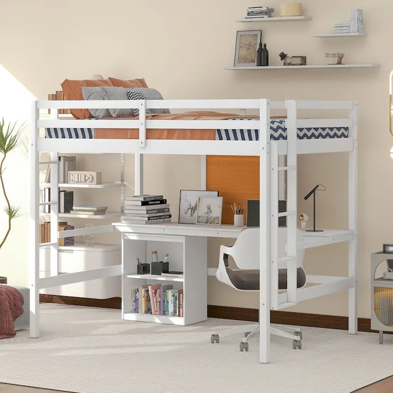 Loft Bed with Desk and Writing Board, Wooden Loft Bed with Desk & 2 Drawers Cabinet
