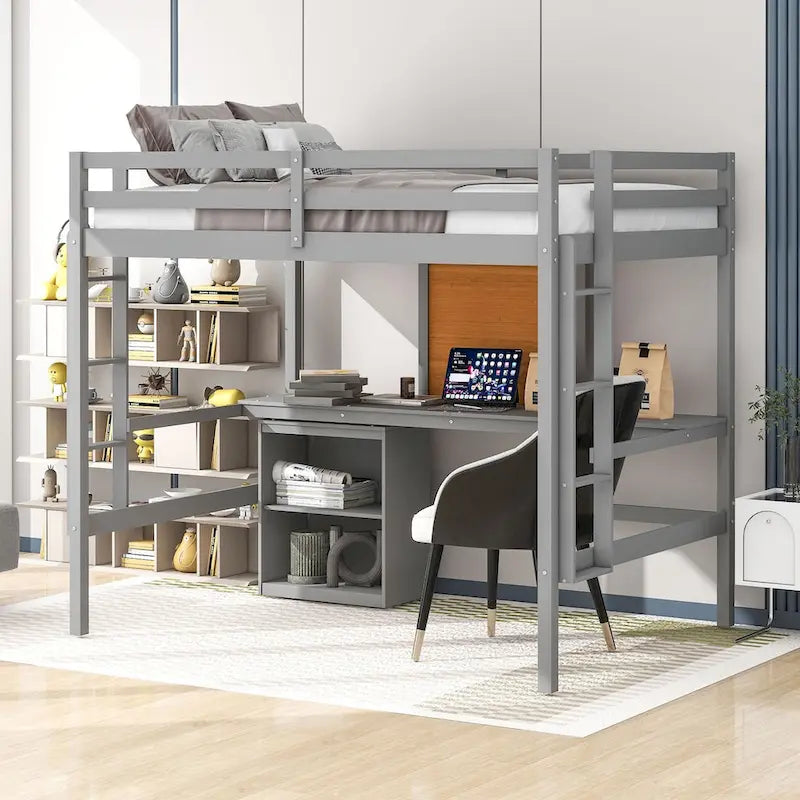 Loft Bed with Desk and Writing Board, Wooden Loft Bed with Desk & 2 Drawers Cabinet
