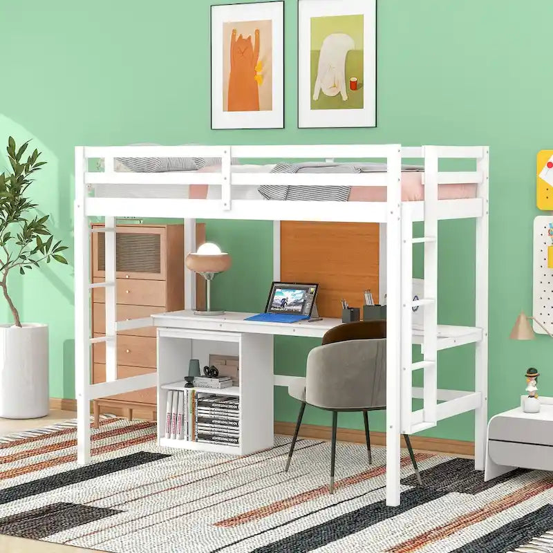 Loft Bed with Desk and Writing Board, Wooden Loft Bed with Desk & 2 Drawers Cabinet