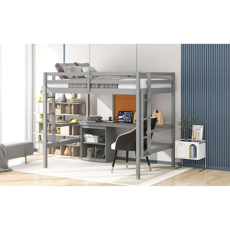 Loft Bed with Desk and Writing Board, Wooden Loft Bed with Desk & 2 Drawers Cabinet