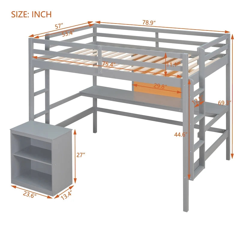 Loft Bed with Desk and Writing Board, Wooden Loft Bed with Desk & 2 Drawers Cabinet