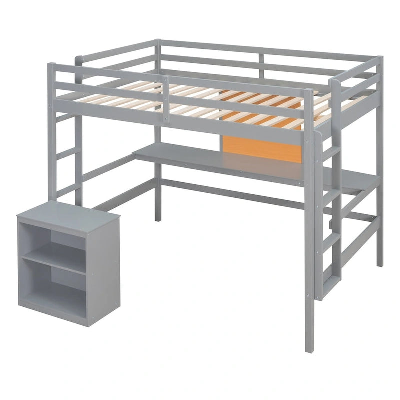 Loft Bed with Desk and Writing Board, Wooden Loft Bed with Desk & 2 Drawers Cabinet