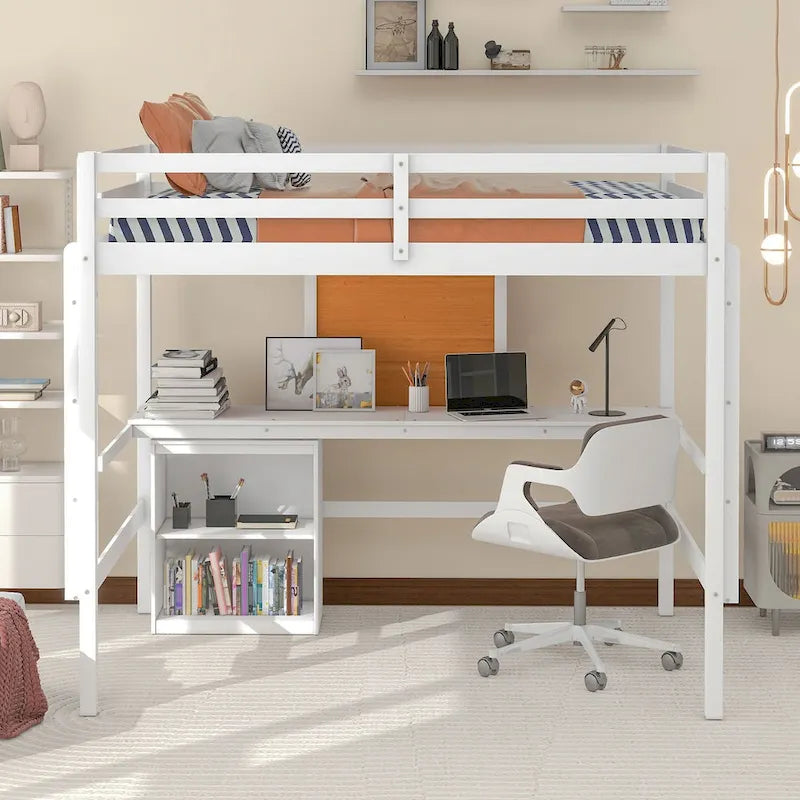 Loft Bed with Desk and Writing Board, Wooden Loft Bed with Desk & 2 Drawers Cabinet
