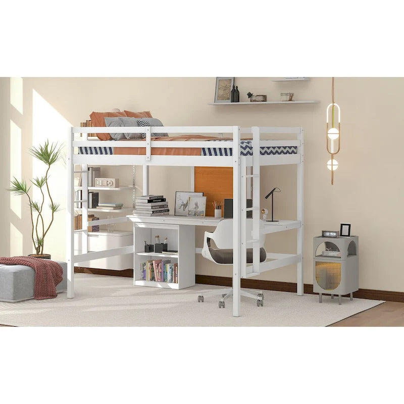 Loft Bed with Desk and Writing Board, Wooden Loft Bed with Desk & 2 Drawers Cabinet