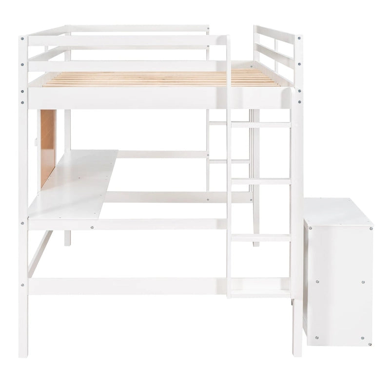Loft Bed with Desk and Writing Board, Wooden Loft Bed with Desk & 2 Drawers Cabinet