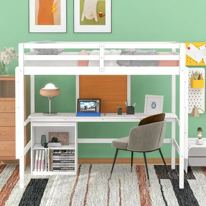 Loft Bed with Desk and Writing Board, Wooden Loft Bed with Desk & 2 Drawers Cabinet