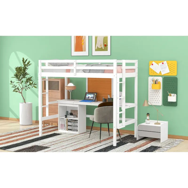 Loft Bed with Desk and Writing Board, Wooden Loft Bed with Desk & 2 Drawers Cabinet