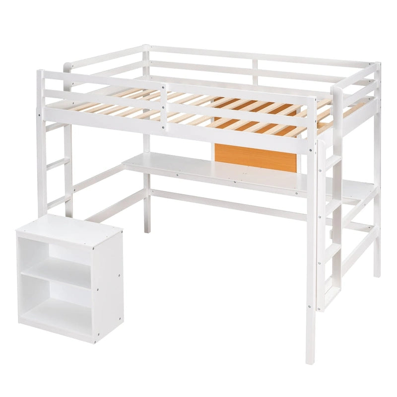 Loft Bed with Desk and Writing Board, Wooden Loft Bed with Desk & 2 Drawers Cabinet