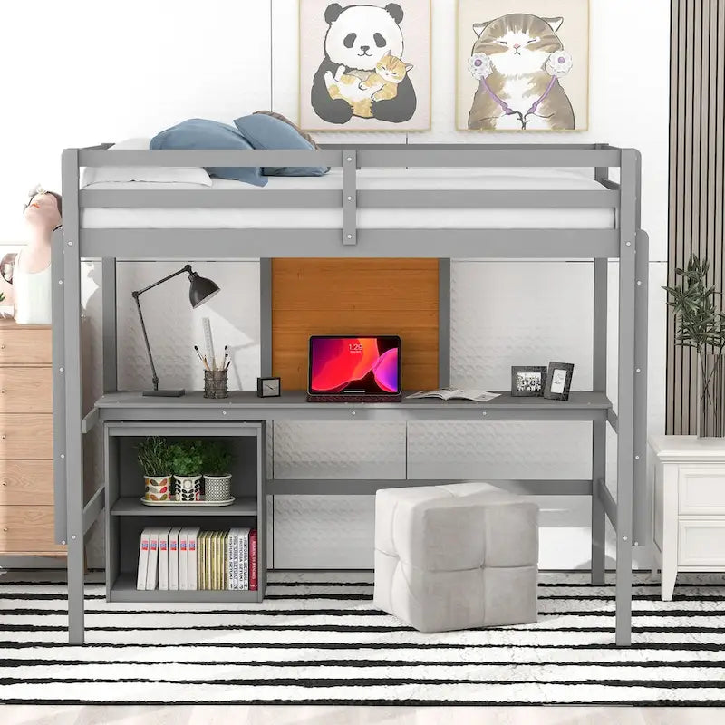 Loft Bed with Desk and Writing Board, Wooden Loft Bed with Desk & 2 Drawers Cabinet