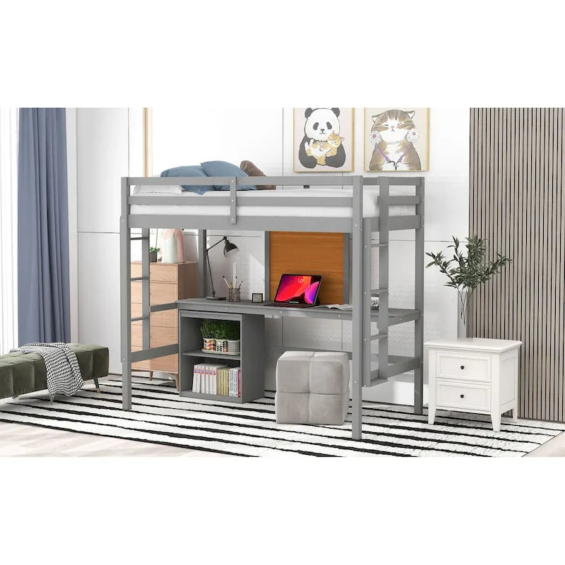 Loft Bed with Desk and Writing Board, Wooden Loft Bed with Desk & 2 Drawers Cabinet