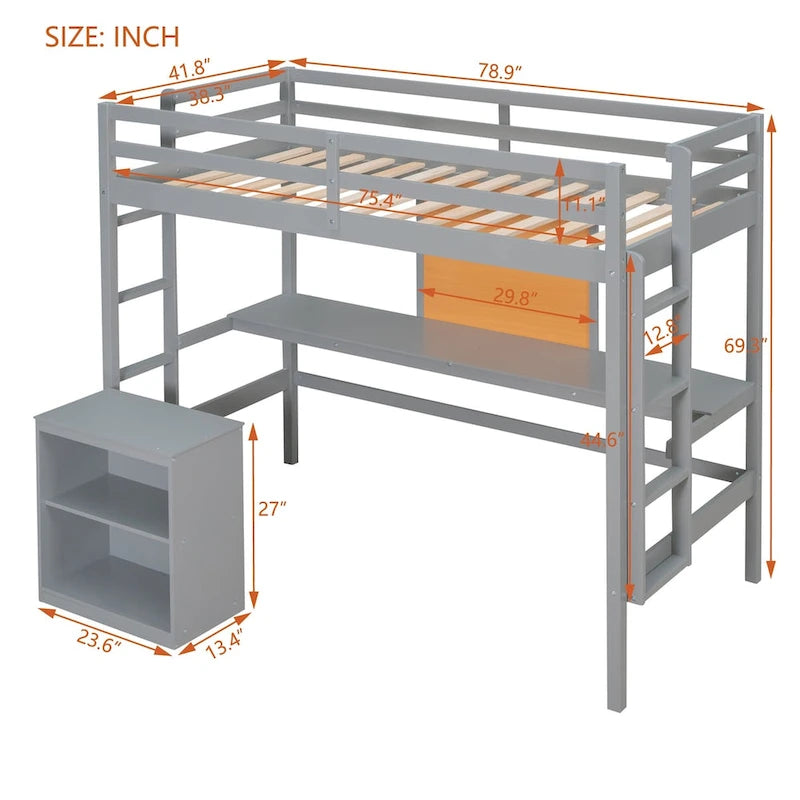 Loft Bed with Desk and Writing Board, Wooden Loft Bed with Desk & 2 Drawers Cabinet