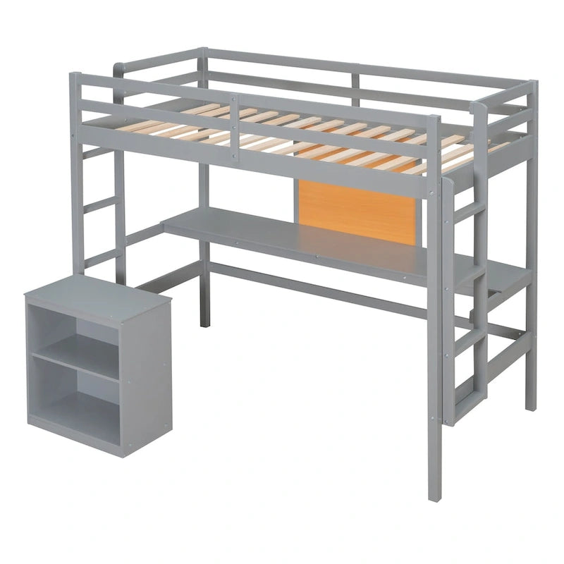 Loft Bed with Desk and Writing Board, Wooden Loft Bed with Desk & 2 Drawers Cabinet