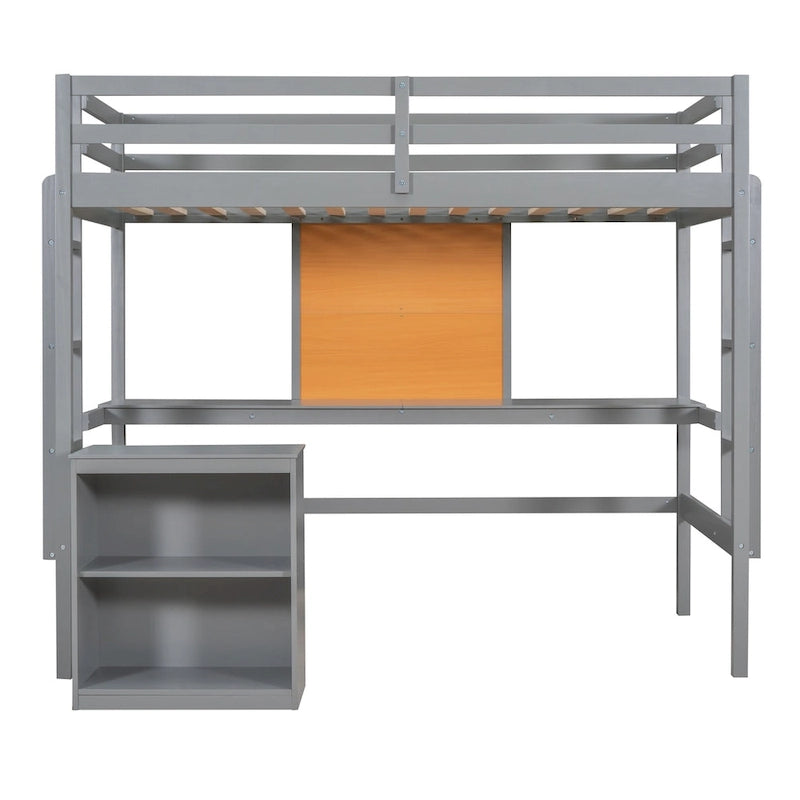 Loft Bed with Desk and Writing Board, Wooden Loft Bed with Desk & 2 Drawers Cabinet
