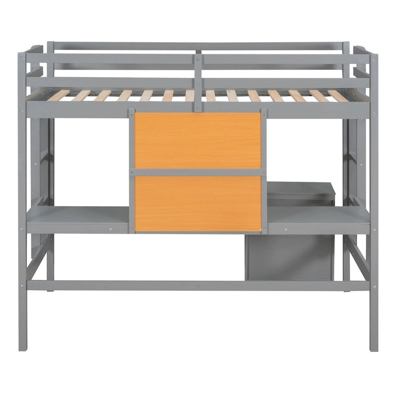 Loft Bed with Desk and Writing Board, Wooden Loft Bed with Desk & 2 Drawers Cabinet