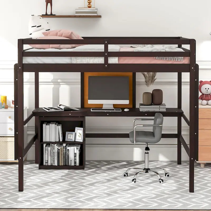 Loft Bed with Desk and Writing Board, Wooden Loft Bed with Desk & 2 Drawers Cabinet