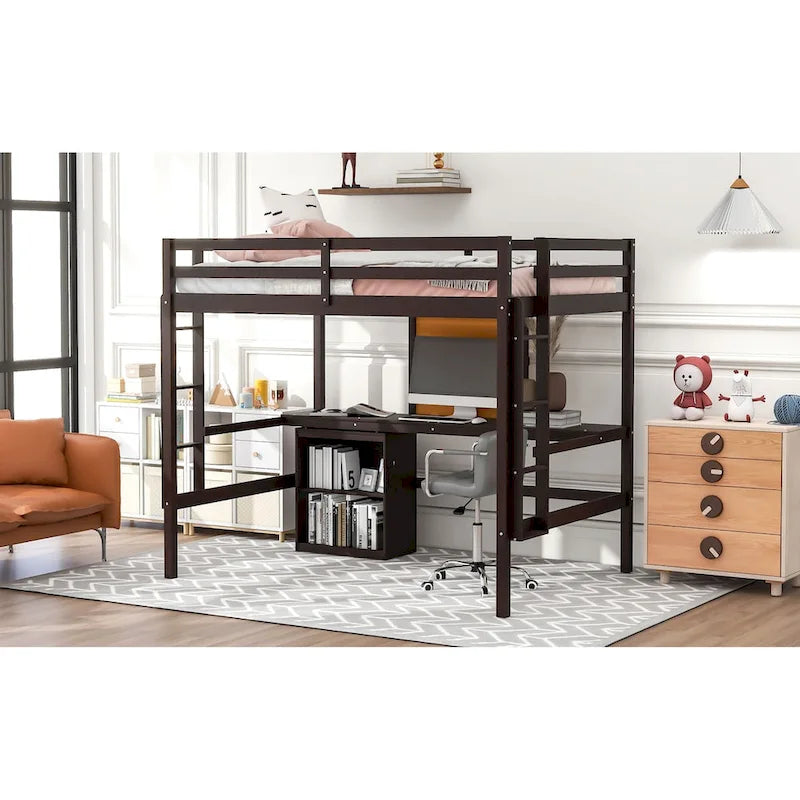 Loft Bed with Desk and Writing Board, Wooden Loft Bed with Desk & 2 Drawers Cabinet